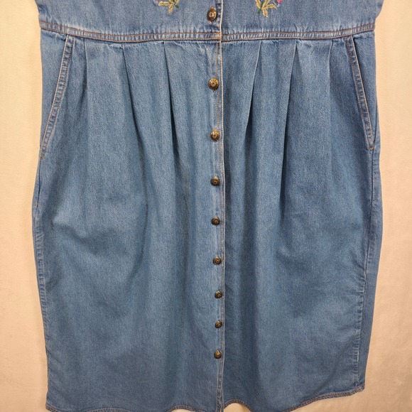 Jane Ashley Denim Dress Women M Blue Floral Embroidered Cottagecore Prairie Midi - Picture 10 of 13